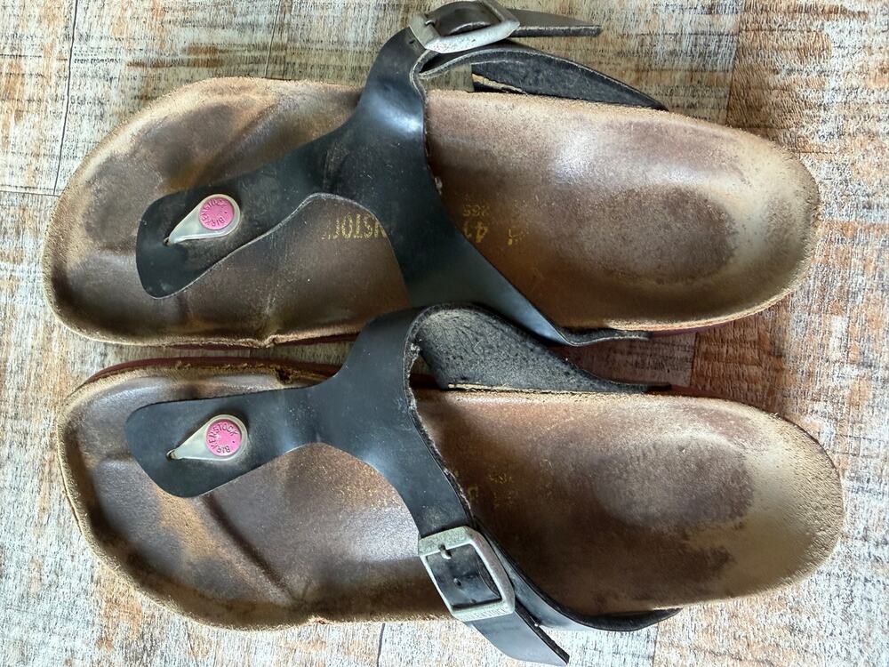 Birkenstock Gizeh Black Pink Comfort Leather Sandals Slip On Boho Sz 41 US 10.5